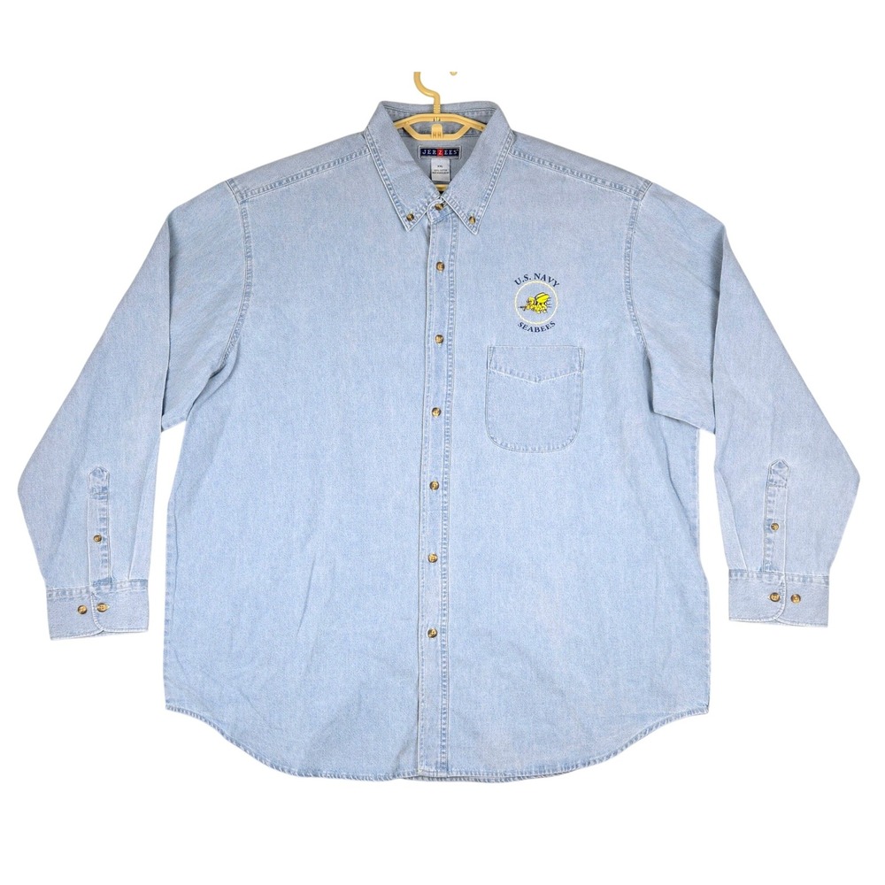 US Navy Seabees Jerzees XXL Denim Button Up Shirt Long Sleeve Menswear